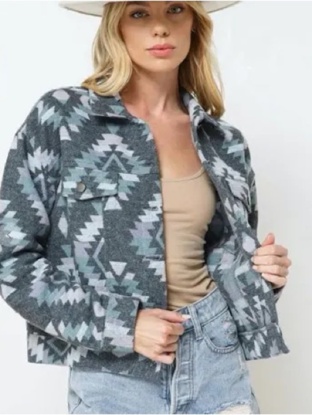 Blue B Aztec Western Shacket Jacket Gray Lavender Cropped Snap Front Small - Picture 7 of 7